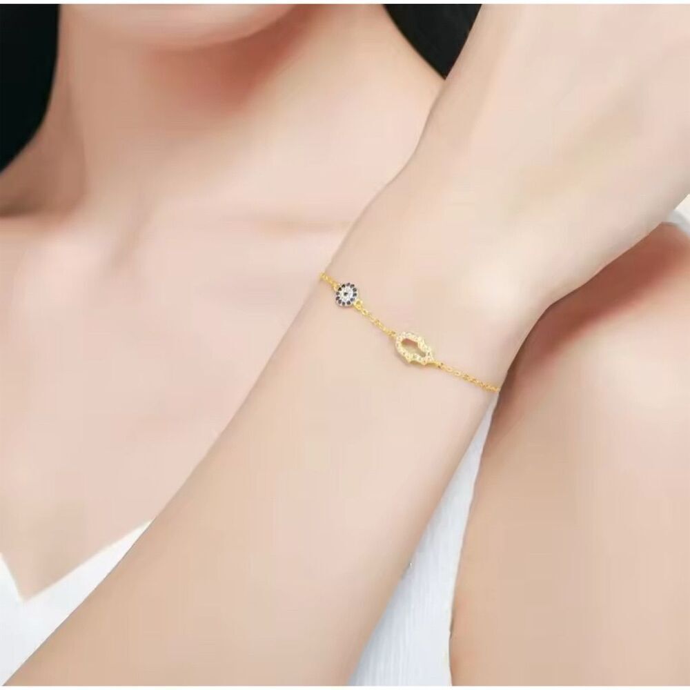 Chic Trendy Evil Eye Blue Zirconia 925 Silver Gold Plated Bracelet Dainty - Picture 2 of 8